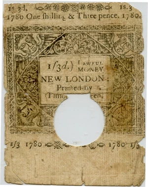 image for: FR. CT-220 March 1, 1780 1 Shilling, 3 Pence Connecticut Colonial Note PMG Fine 12 (Hole Cancelled, Tape Repairs, Tears)