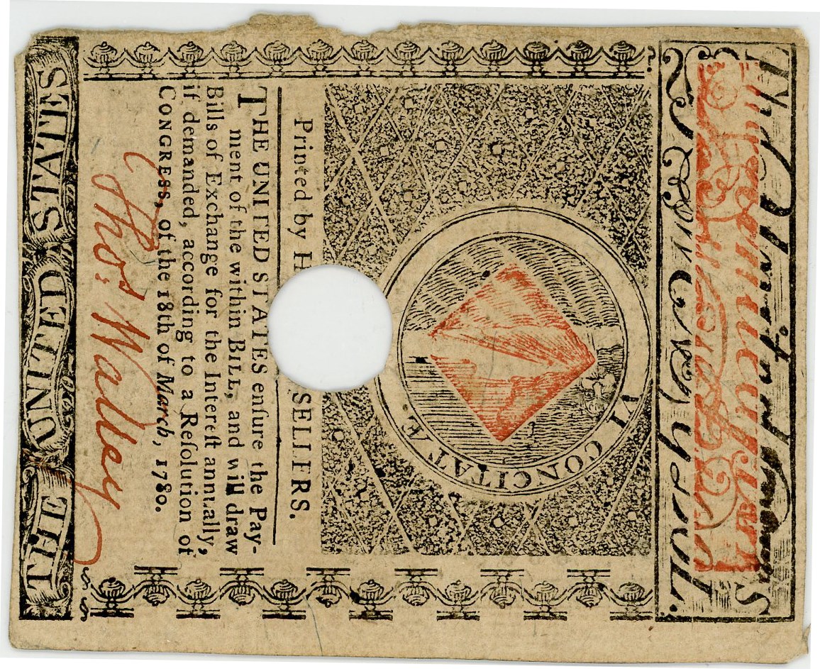 image for: FR. MA-285 May 5, 1780 $20 Massachusetts Colonial Note PMG About Unc 53 (Hole Cancelled, Minor Edge Damage)