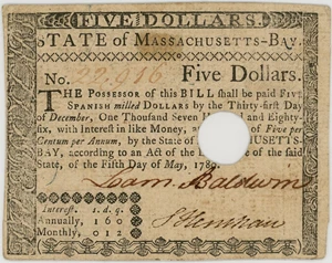 image for: FR. MA-282 May 5, 1780 $5 Massachusetts Colonial Note PMG About Unc 53 (Hole Cancelled, Previously Mounted)