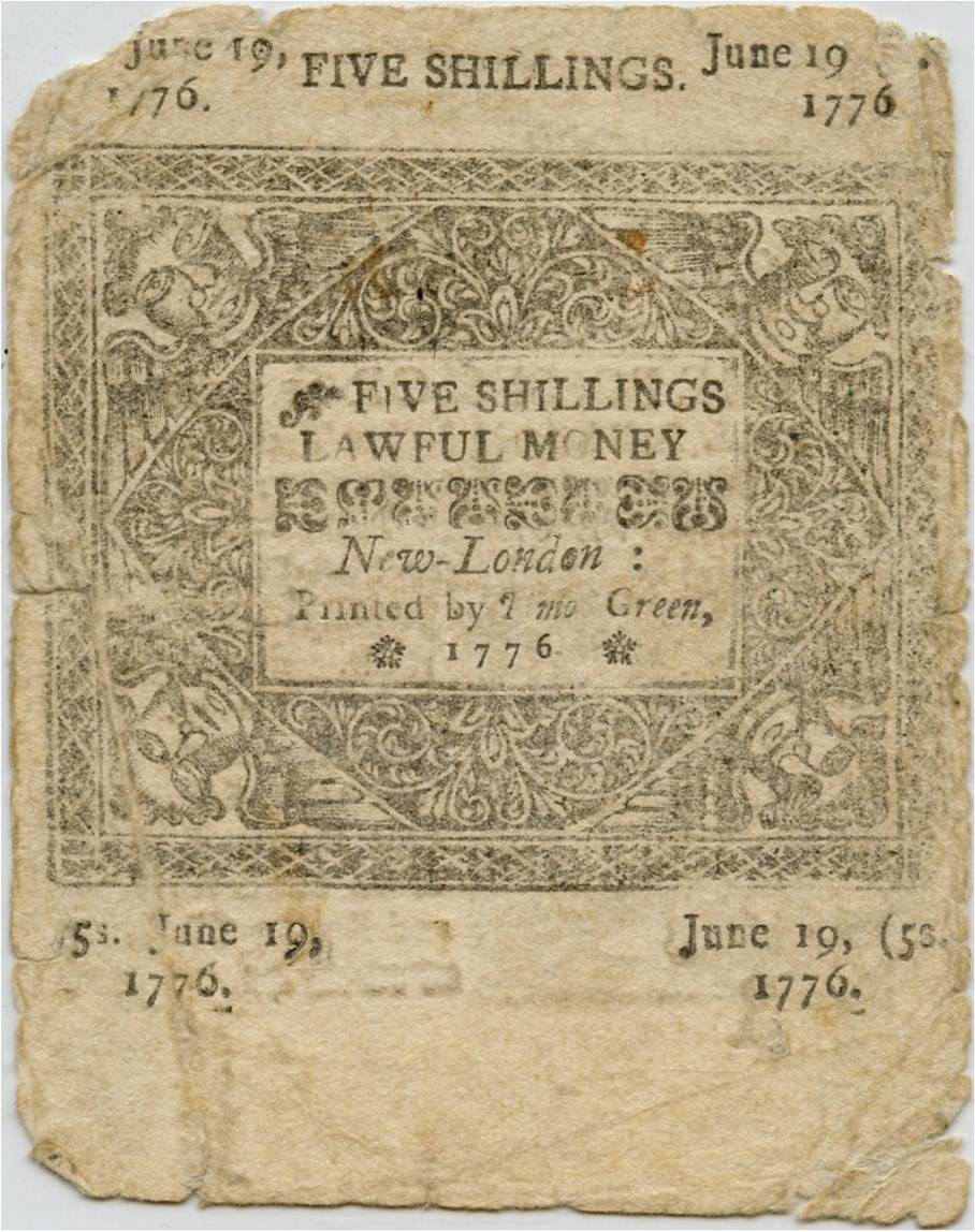image for: FR. CT-212 June 19, 1776 5 Shillings Connecticut Colonial Note PMG Very Fine 20 (Cut Cancelled, Edge Damage)