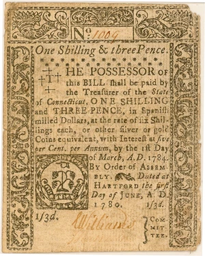 image for: FR. CT-227 June 1, 1780 1s/3d Connecticut Colonial Note PMG Very Fine 25 (Cut Cancelled, Tears)