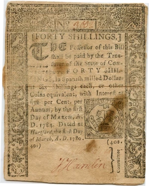 image for: FR. CT-225 March 1, 1780 40s Counterfeit Connecticut Colonial Note PMG Very Fine 30 (Backed, Stains)