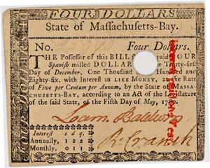 image for: FR. MA-281 May 5, 1780 $4 Massachusetts Colonial Note PMG About Unc 55 (Hole Cancelled)