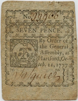 image for: FR. CT-218 October 11, 1777 7 Pence Connecticut Colonial Note PMG Very Fine 35 (Stains)