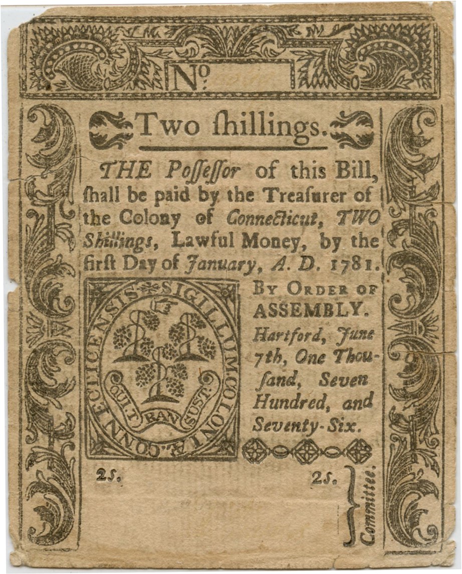 image for: FR. CT-196 June 7, 1776 2s Connecticut Colonial Note PMG Very Fine 25 (Cut Cancelled, Tears)