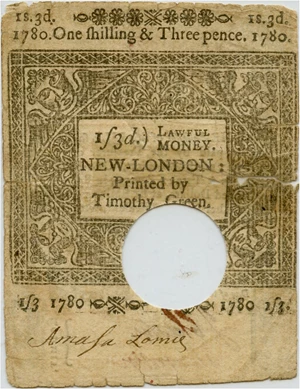 image for: FR. CT-220 March 1, 1780 1s/3d Connecticut Colonial Note PMG Very Fine 20 (Hole Cancelled, Tape Repair)