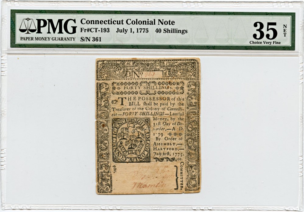 image for: FR. CT-193 July 1, 1775 40 Shillings Connecticut Colonial Note PMG Very Fine 35 (Tape Repair)