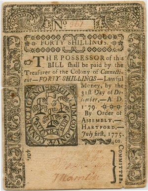 image for: FR. CT-193 July 1, 1775 40 Shillings Connecticut Colonial Note PMG Very Fine 35 (Tape Repair)