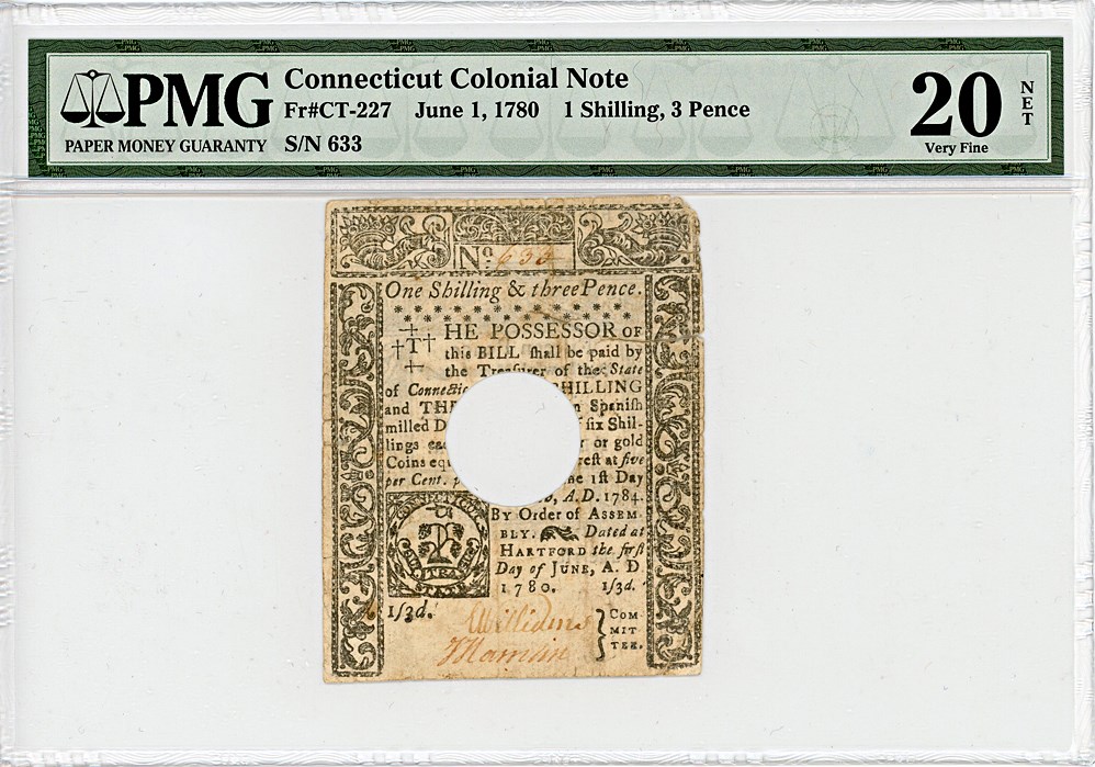 image for: FR. CT-227 June 1, 1780 1 Shilling, 3Pence Connecticut Colonial Note PMG Very Fine 20 (Hole Cancelled, Large Split)