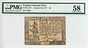 image for: FR. VA-127 October 20, 1777 $5 Virginia Colonial Note PMG About Unc 58