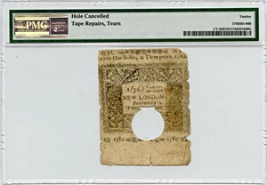 image for: FR. CT-220 March 1, 1780 1 Shilling, 3 Pence Connecticut Colonial Note PMG Fine 12 (Hole Cancelled, Tape Repairs, Tears)