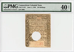 image for: FR. CT231 June 1, 1780 20s Connecticut Colonial Note PMG Choice Extremely Fine 40 (Hole Cancelled, Repaired)