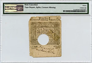 image for: FR. CT-222 March 1, 1780 5s Connecticut Colonial Note PMG Fine 15 (Hole Cancelled, Tape Repair, Splits, Corners Missing)