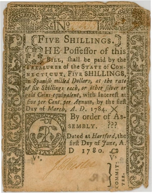 image for: FR. CT-229 June 1, 1780 5s Connecticut Colonial Note PMG Very Fine 20 (Cut Cancelled, Large Tears)
