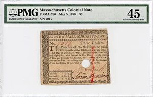 image for: FR. MA-280 May 5, 1780 $3 Massachusetts Colonial Note PMG Extremely Fine 45 (Hole Cancelled)