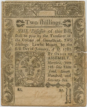image for: FR. CT-196 June 7, 1776 2s Connecticut Colonial Note PMG Very Fine 30 (Cut Cancelled, Tears)