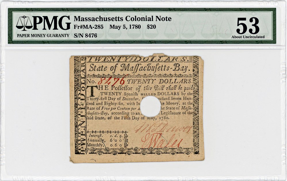 image for: FR. MA-285 May 5, 1780 $20 Massachusetts Colonial Note PMG About Unc 53 (Hole Cancelled, Minor Edge Damage)