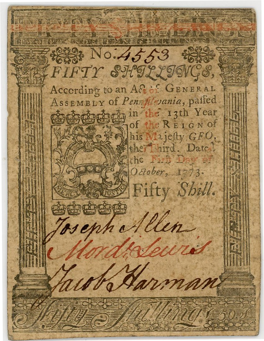 image for: FR. PA-170 October 1, 1773 50s Pennsylvania Colonial Note PMG Extremely Fine 45