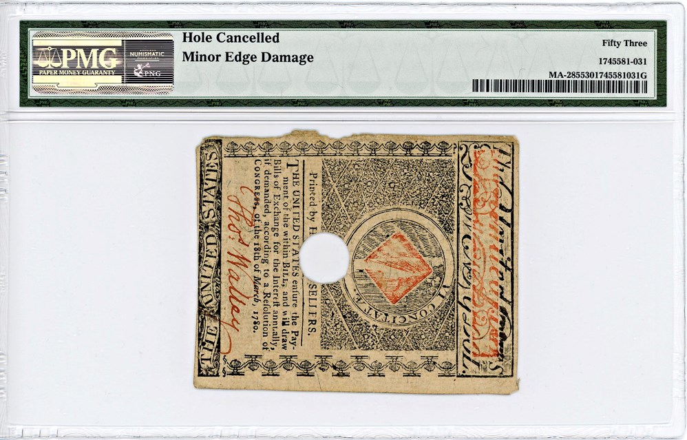 image for: FR. MA-285 May 5, 1780 $20 Massachusetts Colonial Note PMG About Unc 53 (Hole Cancelled, Minor Edge Damage)