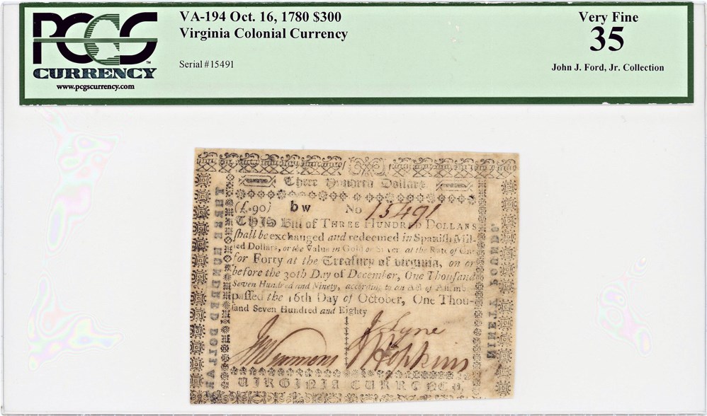 image for: FR. VA-194 October 16, 1780 $300 Virginia Colonial Currency PCGS Very Fine 35