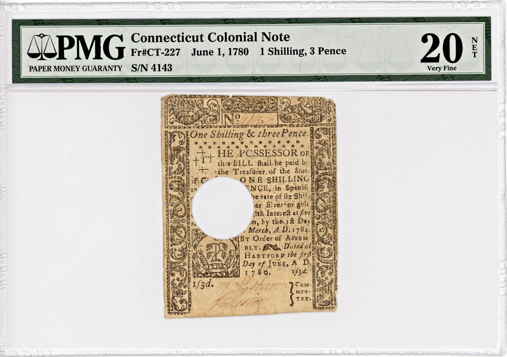 image for: FR. CT227 June 1, 1780 1s/3d Connecticut Colonial Note PMG Very Fine 20 (Hole Cancelled, Tears)