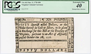image for: FR. VA-162 October 5, 1778 $50 Virginia Colonial Currency PCGS Choice Extremely Fine 40