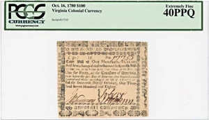 image for: FR. VA-192 October 16, 1780 $100 Virginia Colonial Currency PCGS Extremely Fine 40 PPQ