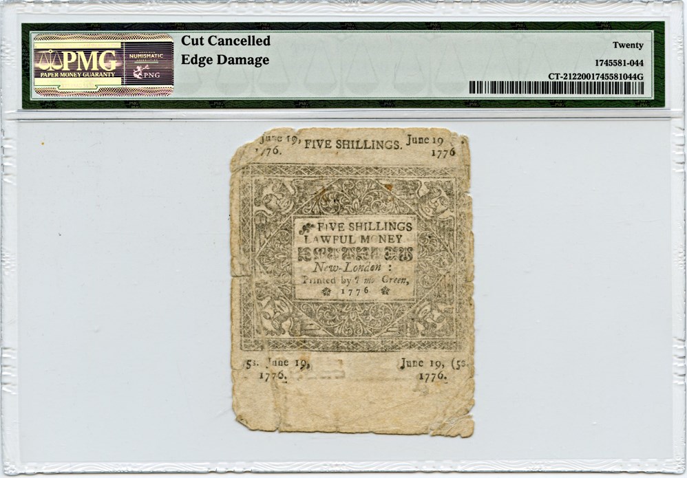 image for: FR. CT-212 June 19, 1776 5 Shillings Connecticut Colonial Note PMG Very Fine 20 (Cut Cancelled, Edge Damage)