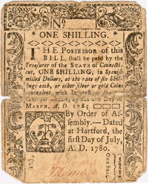 image for: FR. CT-234 July 1, 1780 1s Connecticut Colonial Note PMG Fine 15 (Cut Cancelled, Tape Repair, Splits, Corners Missing)
