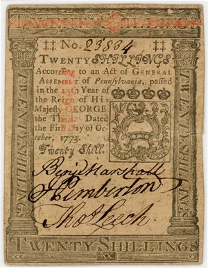 image for: FR. PA-169 October 1, 1773 20 Shillings Pennsylvania Colonial Note PMG About Unc 58 (Contemporary Annotation)