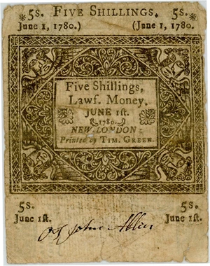 image for: FR. CT-229 June 1, 1780 5 Shillings Connecticut Colonial Note PMG Fine 15 (Cut Cancelled, Tears)
