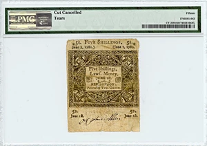 image for: FR. CT-229 June 1, 1780 5 Shillings Connecticut Colonial Note PMG Fine 15 (Cut Cancelled, Tears)