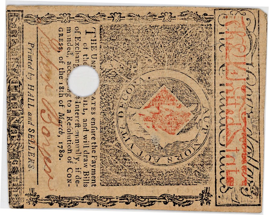 image for: FR. MA-281 May 5, 1780 $4 Massachusetts Colonial Note PMG About Unc 55 (Hole Cancelled)