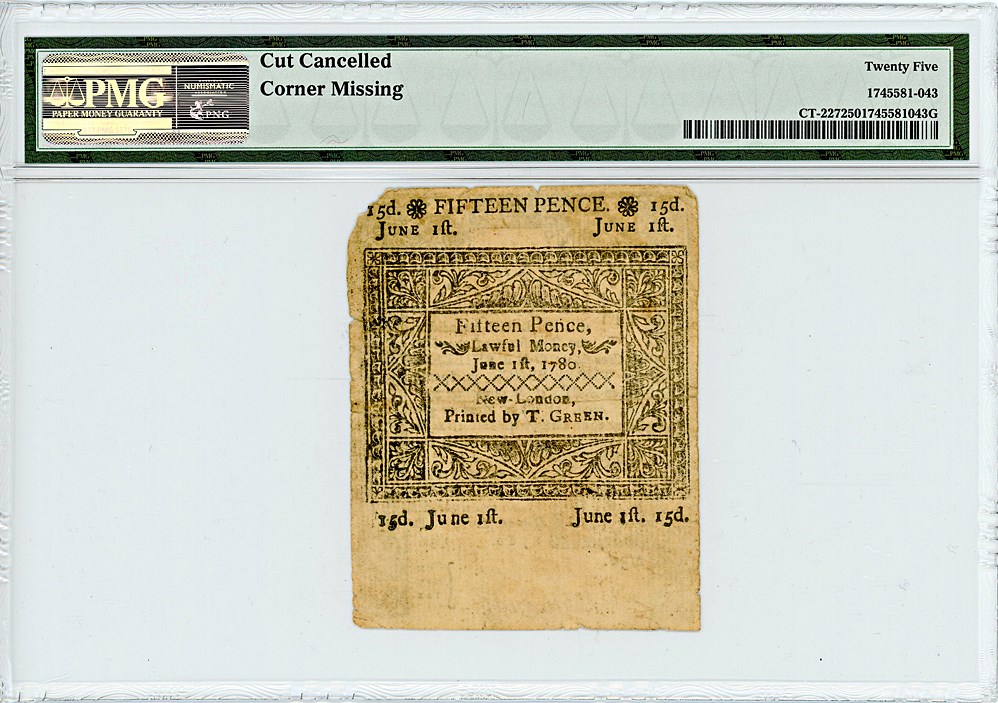 image for: FR. CT-227 June 1, 1780 1s/3d Connecticut Colonial Note PMG Very Fine 25 (Cut Cancelled, Corner Missing)