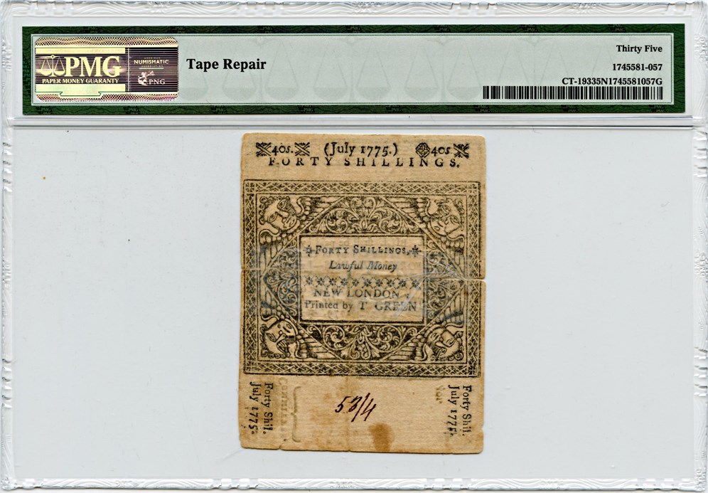 image for: FR. CT-193 July 1, 1775 40 Shillings Connecticut Colonial Note PMG Very Fine 35 (Tape Repair)