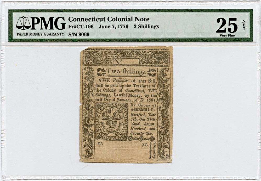 image for: FR. CT-196 June 7, 1776 2s Connecticut Colonial Note PMG Very Fine 25 (Cut Cancelled, Tears)