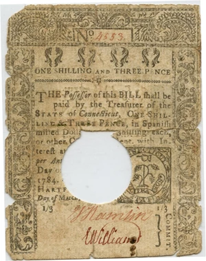 image for: FR. CT-220 March 1, 1780 1 Shilling, 3 Pence Connecticut Colonial Note PMG Fine 12 (Hole Cancelled, Tape Repairs, Tears)