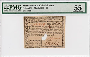 image for: FR. MA-278 May 5, 1780 $1 Massachusetts Colonial Note PMG About Unc 55 (Hole Cancelled)