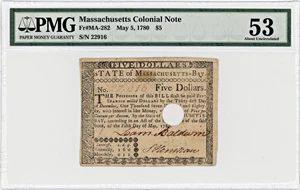 image for: FR. MA-282 May 5, 1780 $5 Massachusetts Colonial Note PMG About Unc 53 (Hole Cancelled, Previously Mounted)