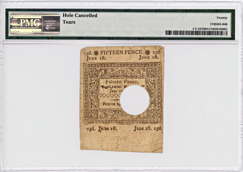 image for: FR. CT227 June 1, 1780 1s/3d Connecticut Colonial Note PMG Very Fine 20 (Hole Cancelled, Tears)
