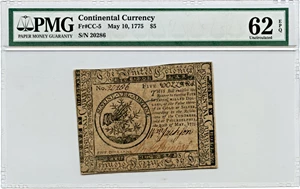 image for: FR. CC-5 May 10, 1775 $5 Continental Currency PMG Unc 62 EPQ