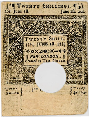 image for: FR. CT231 June 1, 1780 20s Connecticut Colonial Note PMG Choice Extremely Fine 40 (Hole Cancelled, Repaired)