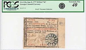 image for: FR. GA-110a June 8, 1777 $8 Georgia Colonial Currency PCGS Extremely Fine 40 (Small Repaired Edge Tear)