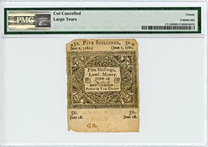 image for: FR. CT-229 June 1, 1780 5s Connecticut Colonial Note PMG Very Fine 20 (Cut Cancelled, Large Tears)