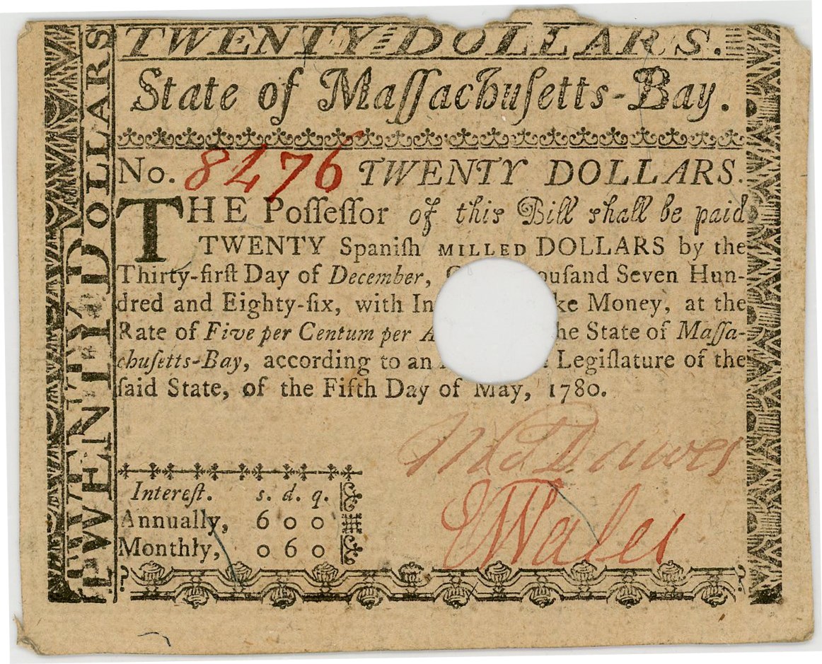 image for: FR. MA-285 May 5, 1780 $20 Massachusetts Colonial Note PMG About Unc 53 (Hole Cancelled, Minor Edge Damage)