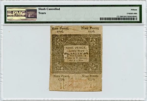 image for: FR. CT-206 June 19, 1776 9d Connecticut Colonial Note PMG Fine 15 (Slash Cancelled, Tears)
