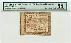image for: FR. CC-98 January 14, 1779 $55 Continental Currency PMG About Unc 58 ex: John J. Ford (Hinged)