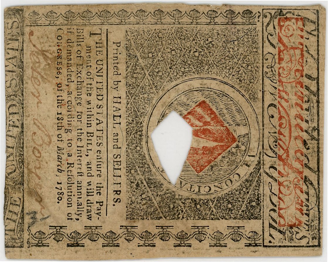 image for: FR. MA-285 May 5, 1780 $20 Massachusetts Colonial Note PMG About Unc 53 (Hole Cancelled, Ink)