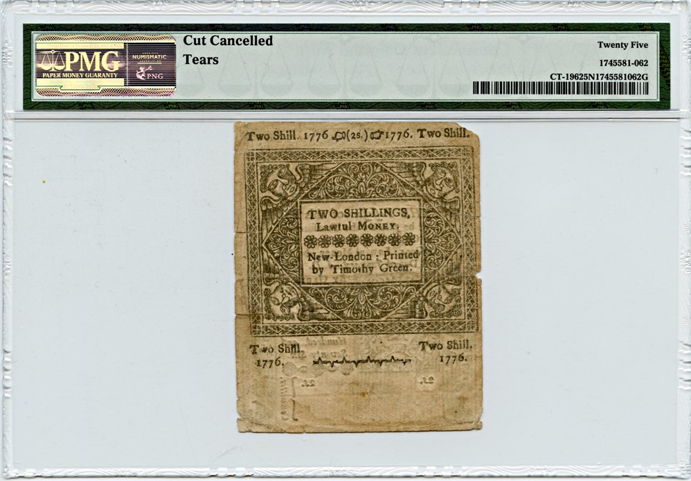 image for: FR. CT-196 June 7, 1776 2s Connecticut Colonial Note PMG Very Fine 25 (Cut Cancelled, Tears)