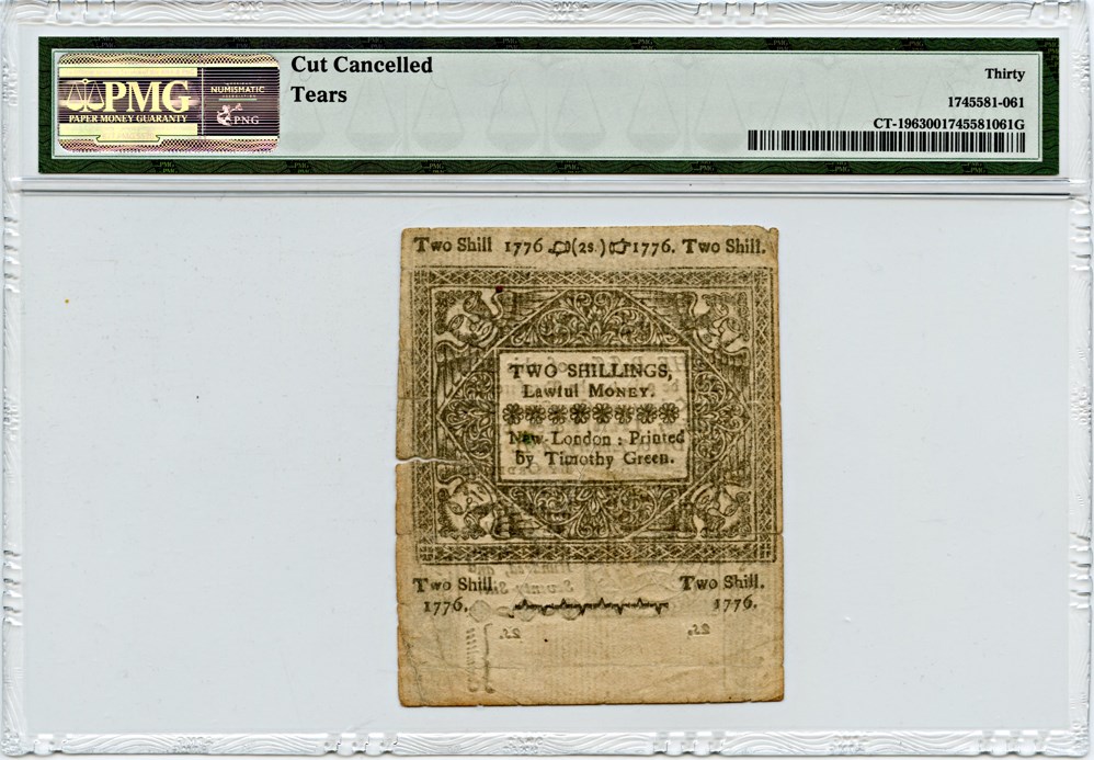 image for: FR. CT-196 June 7, 1776 2s Connecticut Colonial Note PMG Very Fine 30 (Cut Cancelled, Tears)